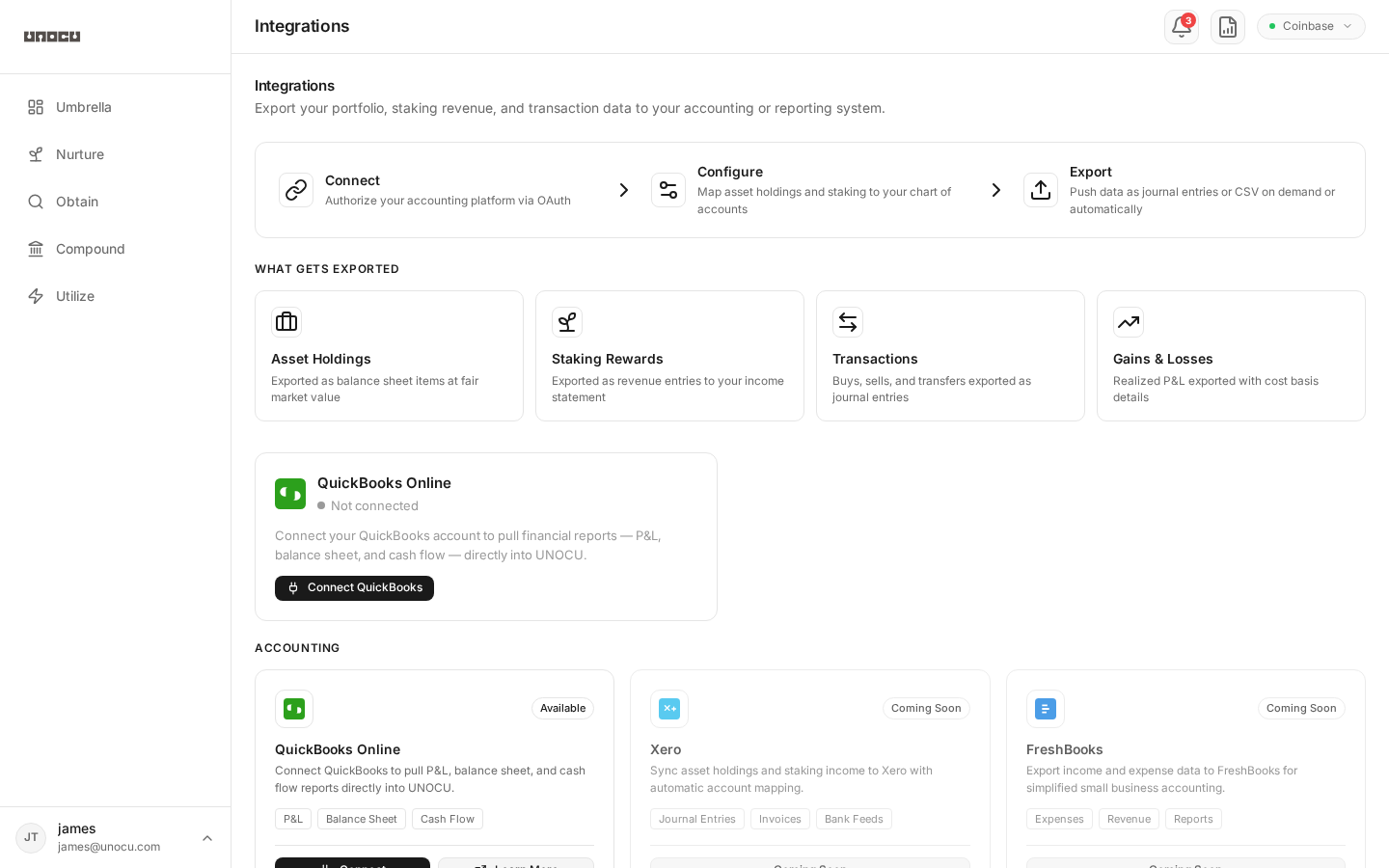 UNOCU Integrations page showing accounting, tax, and reporting connections